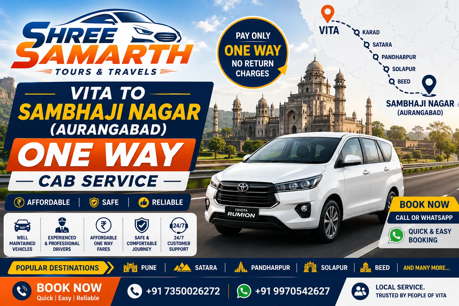 Vita to Sambhaji Nagar One Way Cab Service