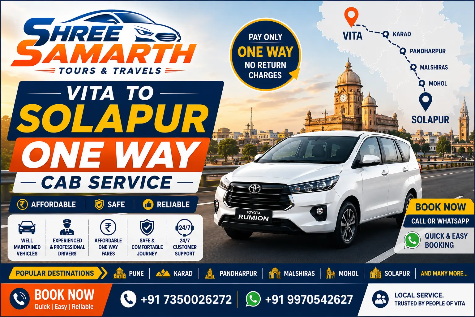 Vita to Solapur One Way Cab Service